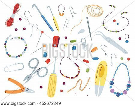 Jewelry Making Tools. Beads Mix And Art Hand Work, Handicrafts Or Workshop Accessories. Make Rings, 