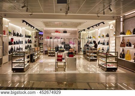 SINGAPORE - CIRCA JANUARY, 2020: bags on display at Braun Buffel store in Singapore Changi Airport.