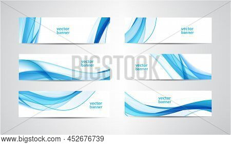 Vector Abstract Flow Wavy Banners Set. Water, Stream, Energy Stream Horizontal Backgrounds. Wave Liq