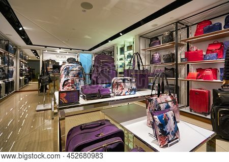 SINGAPORE - CIRCA JANUARY, 2020: TUMI bags on display at store in Singapore Changi Airport.