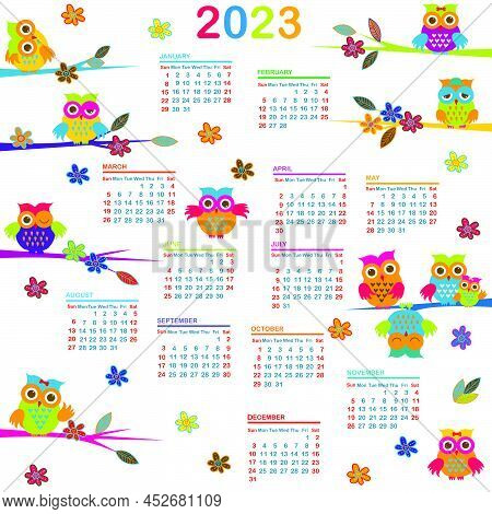 2023 Calendar With Cartoon Owls On White Background