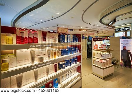 SINGAPORE - CIRCA JANUARY, 2020: Clarins personal care products on display at store in Changi Airport.
