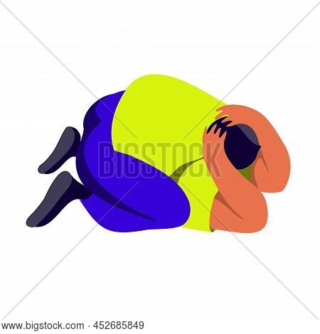 A Man Lying Down, Covering His Head With His Hand, Is Afraid Of Something, Feels Fear And Horror Or 