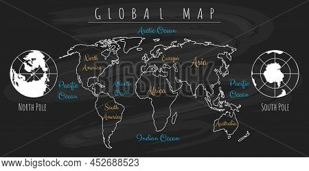 World Chalkboard. Chalk Global Map, Earth Blackboard White Outline Scribble, Sketchy Globe Travel At