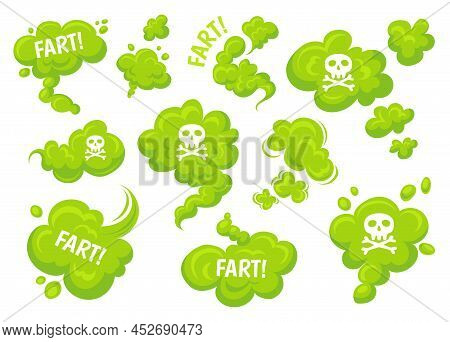 Green Fart. Funny Stinky Clouds With Skull Text, Pu Farts Bomb Toxic Trail Vapor Cute Steam Chemical