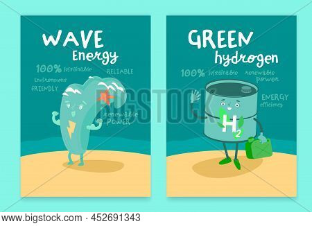 Wave And Hydrogen Energy Posters With Funny Creative Character.s