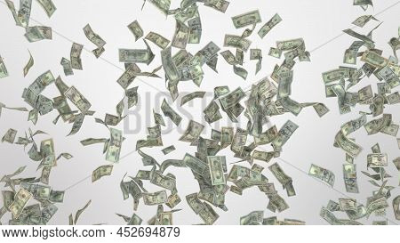 American Dollars Usd Splash Flying Up In The Air. Exploding Pile Of Money Spreading In The Air. Maki