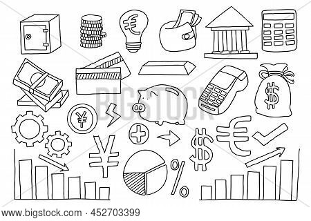 Banking Business Hand Drawn Doodle Illustration, Finance Outline Design Isolated On White Background