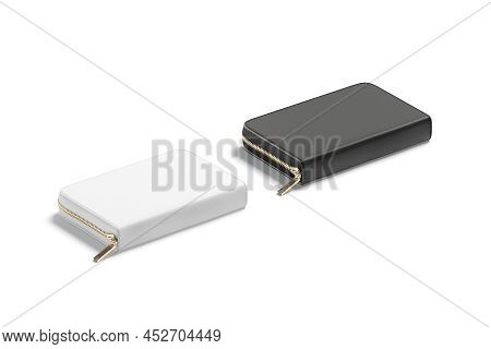Blank Black And White Small Money Wallet Mockup Lying, Isolated, 3d Rendering. Empty Skin Moneybag O