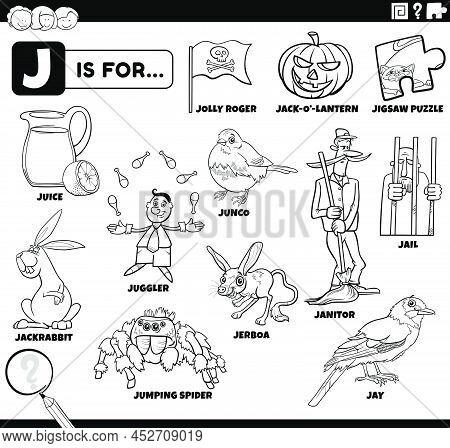 Black And White Educational Cartoon Illustration For Children With Comic Characters And Objects Set 
