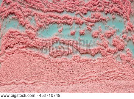 The Sand Background Is Pink On Turquoise. Insular With Gaps.