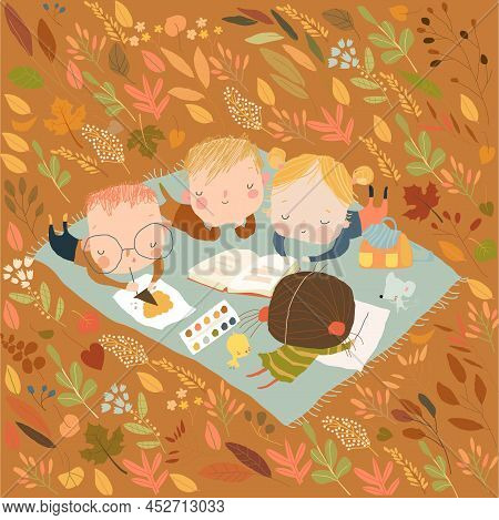 Cute Cartoon Kids Reading Book On Meadow With Autumnal Leaves