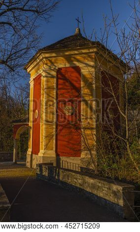 Chapel Over Locarno Town In South Switzerland In Sunrise Morning
