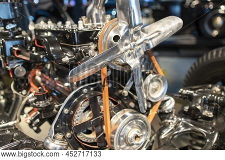 The Powerful Engine Of A Car. Internal Design Of Engine. Car Engine Part. Vintage Powerful Car Engin