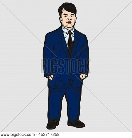 A Dwarf Man In A Business Suit. Line Art Sketch Picture. Hand Drawn.