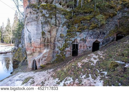 Natural Cellars And Caves In The Red Rocks, Ligatne, Gauja National Park, Latvia