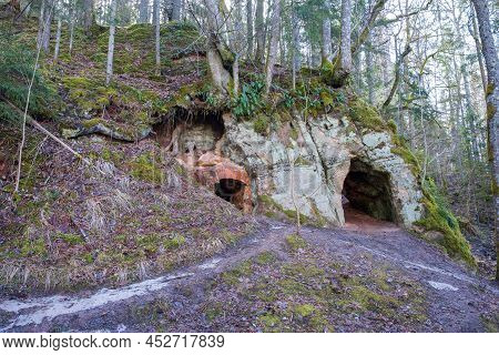 Natural Cellars And Caves In The Red Rocks, Ligatne, Gauja National Park, Latvia