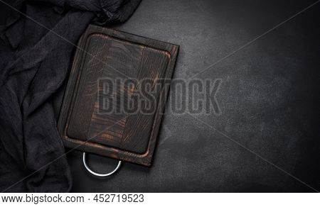 Empty Wooden Square Cutting Board On Black Table, Food Display Template, Top View