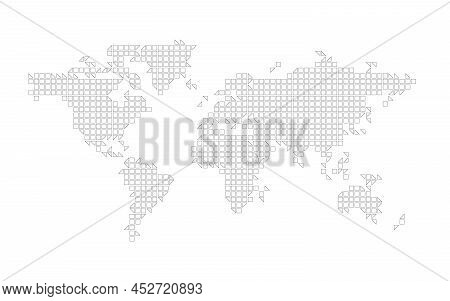 World Map Mosaic Of Small White Squares And Traingles With Black Outline. Vector Illustration.