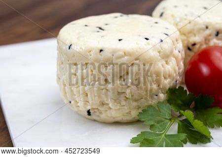 Traditional Polish White Cheese With Black Chives Seeds Made In North Poland In Kaszebe Area Near Gd