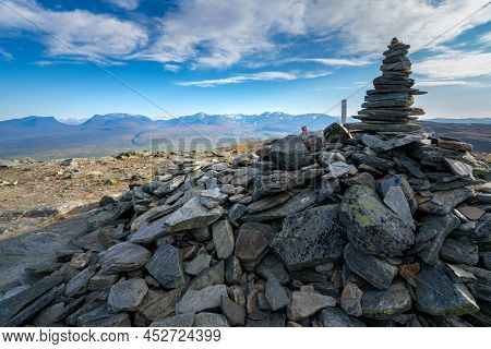 Stone Mound On Top Of Nuolja, Or Njulla, Mountain In Abisko National Park In Arctic Sweden. Lapponia