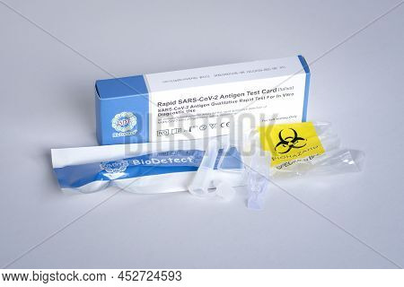 Kuala Lumpur, Malaysia - Mar 30, 2022: A Box Of Sars-cov-2 Antigen Qualitative Rapid Test Kit By Bio