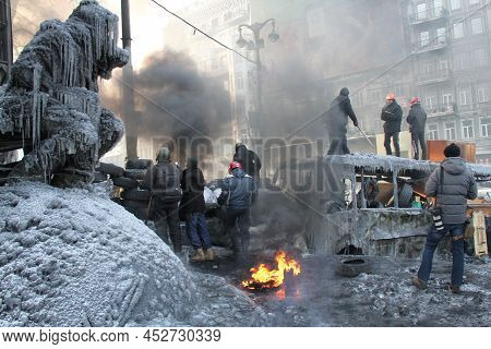 Kyiv, Ukraine - January 24 2014: Kyiv, Ukraine - January 24 2014: Riots In The City. Citizens In Con