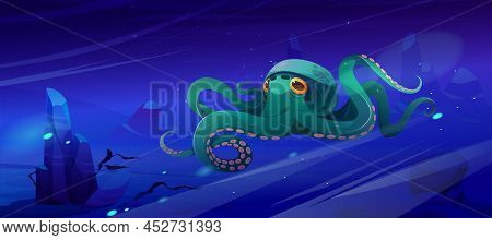 Cartoon Octopus Sea Animal, Underwater Ocean Creature With Green Skin And Long Tentacles Crawl On Oc