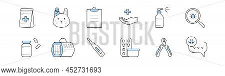 Veterinary Clinic Doodle Icons Pet With Bandaged Ear, Bag With Cross, Prescription And Hand, Sprayer