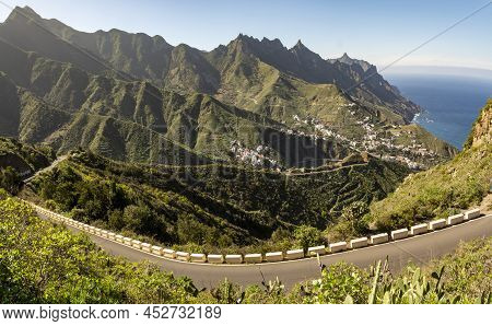 Driving On Narrow Road In Anaga National Park Near Tanagana Village, North Of Tenerife, Canary Islan