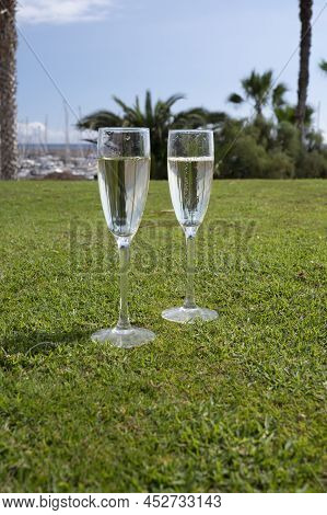 Celebration Of Championship With Glasses Of Champagne Bubbles Wine On Green Lawn Of Golf Club