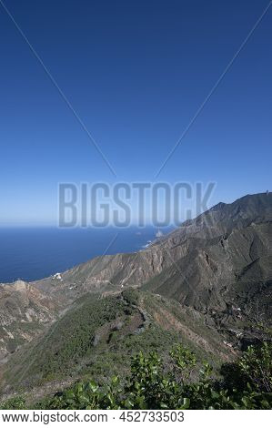Panoramic View On Green Mountains And Blue Atlantic Ocean, Anaga National Park Near Tanagana Village
