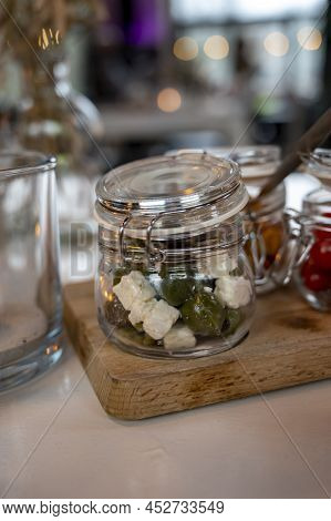 Glass Jars With Healthy Party Snacks Served In Bar, Tasty Appetisers