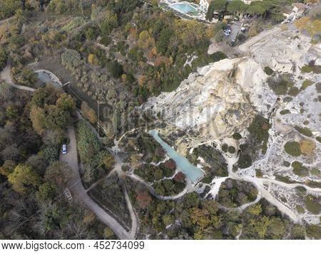 Aerial View On Free Hot Thermal Springs And Pool In Nature Park Dei Mulini, Bagno Vignoni, Tuscany,