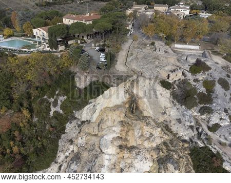 Aerial View On Free Hot Thermal Springs And Pool In Nature Park Dei Mulini, Bagno Vignoni, Tuscany,