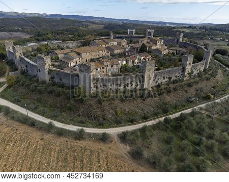 Aeriel View On Medieval Fortress Town On Hilltop Monteriggione In Tuscany, Italy