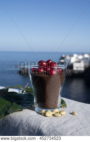 Red Ripe Arabica Coffee Berries, Green Coffee Beands, Leaves And Roasted Ground Coffee In Glass And