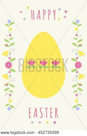 Happy Easter Greeting Card With Flowers And Egg. Vector Illustration For Card, Invitation, Banner, F