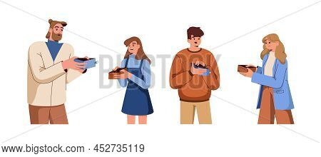 Flat Unhappy People Hold Empty Wallet. Broke Characters Showing Open Purse With No Pocket Money. Une