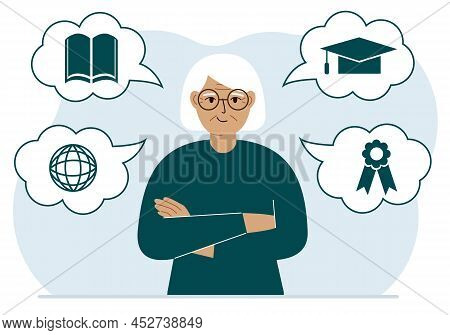 Happy Grandmother With Thoughts About Learning. Internet Profession, Higher Education, Stock Exchang