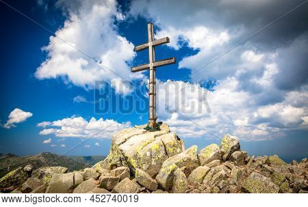 Summer Hiking In Slovakia. Cross On Top Of The Hill Dumbier In Low Tatras Mountains