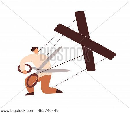 Person Releasing, Free From Manipulation. Marionette Cutting Strings Of Authority Control. Human Pup