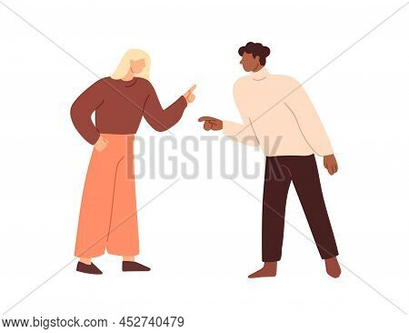 Quarrel In Couple. Conflict Between Woman And Man. People Opponents At Dispute, Fighting And Arguing
