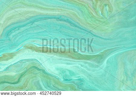 Abstract Fluid Art Background Light Turquoise And Cyan Colors. Liquid Marble. Acrylic Painting With 