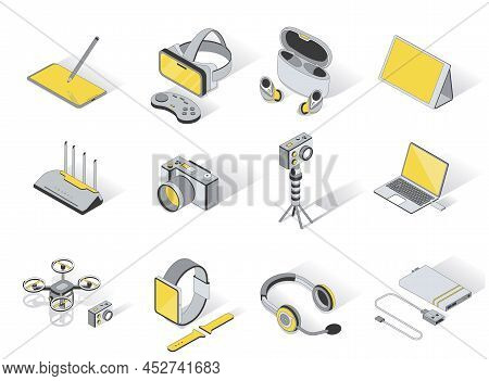 Devices And Gadgets 3d Isometric Icons Set. Pack Elements Of Graphic Tablet, Vr Headset And Joystick