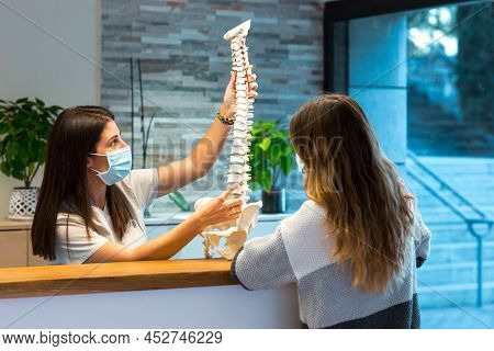Female Doctor Showing A Spine Model To A Patient During A Consultation At The Physiotherapy Center.