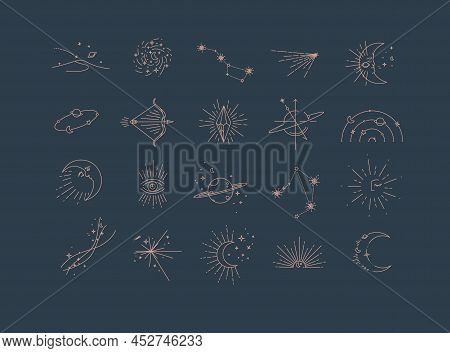 Flat Elegance Astrology Signs Landscape, Galaxy, Constellation, Comet, Moon, Orbit, Bow, Arrows, Cry