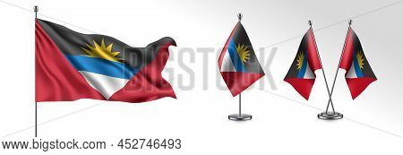 Set Of Antigua And Barbuda Waving Flag On Isolated Background Vector Illustration. 3 Stripes And Sun