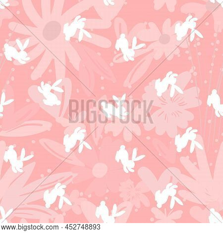 Seamless Pattern With White Silhouette Easter Rabbits On Pink Background. Design For Card, Postcard,