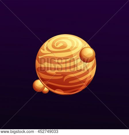 Striped Galaxy Planet With Satellites. Cartoon Space Object With Striated Brown Surface. Vector Cosm